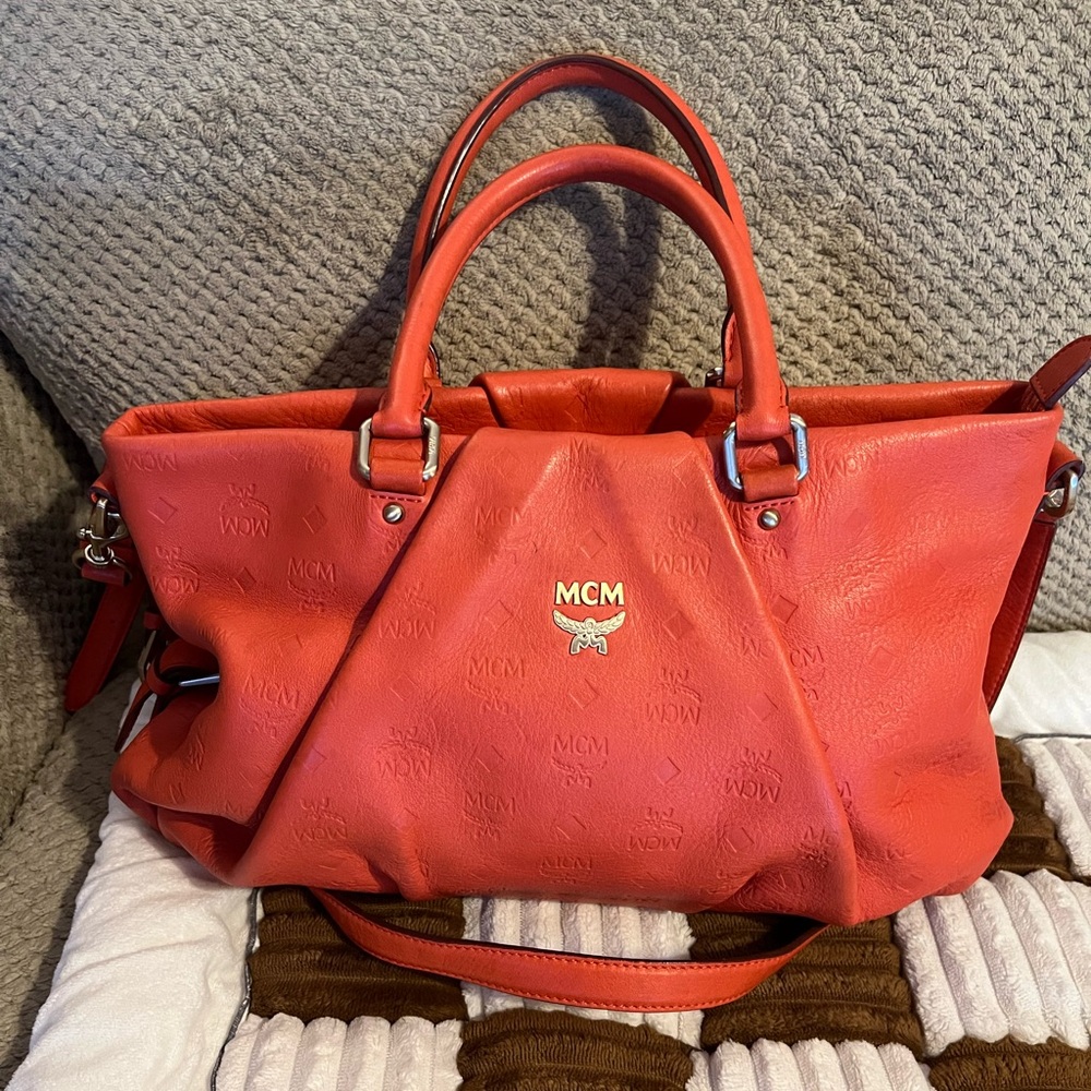 MCM Orange Embossed Leather Satchel VGUC!